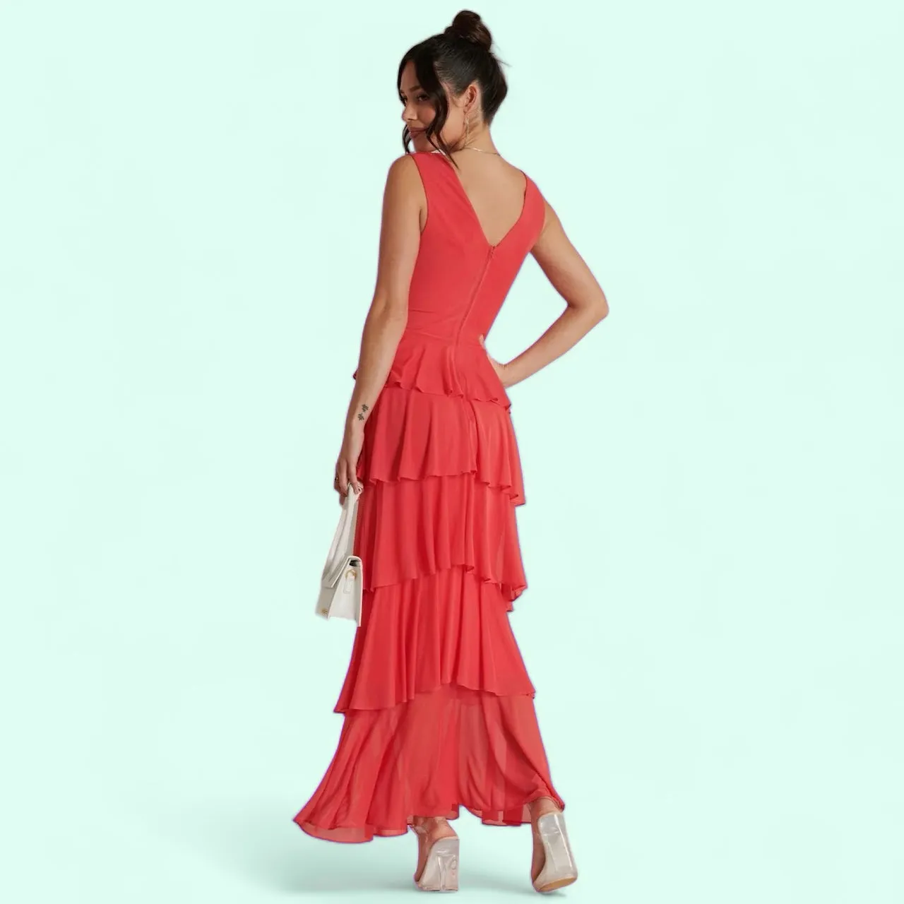 1-A1611 Coral Mesh Tierred Midaxi Dress