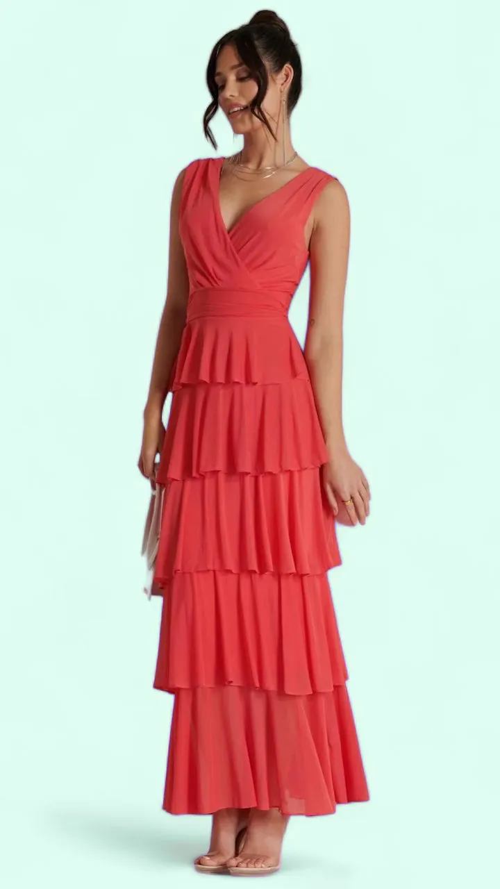 1-A1611 Coral Mesh Tierred Midaxi Dress