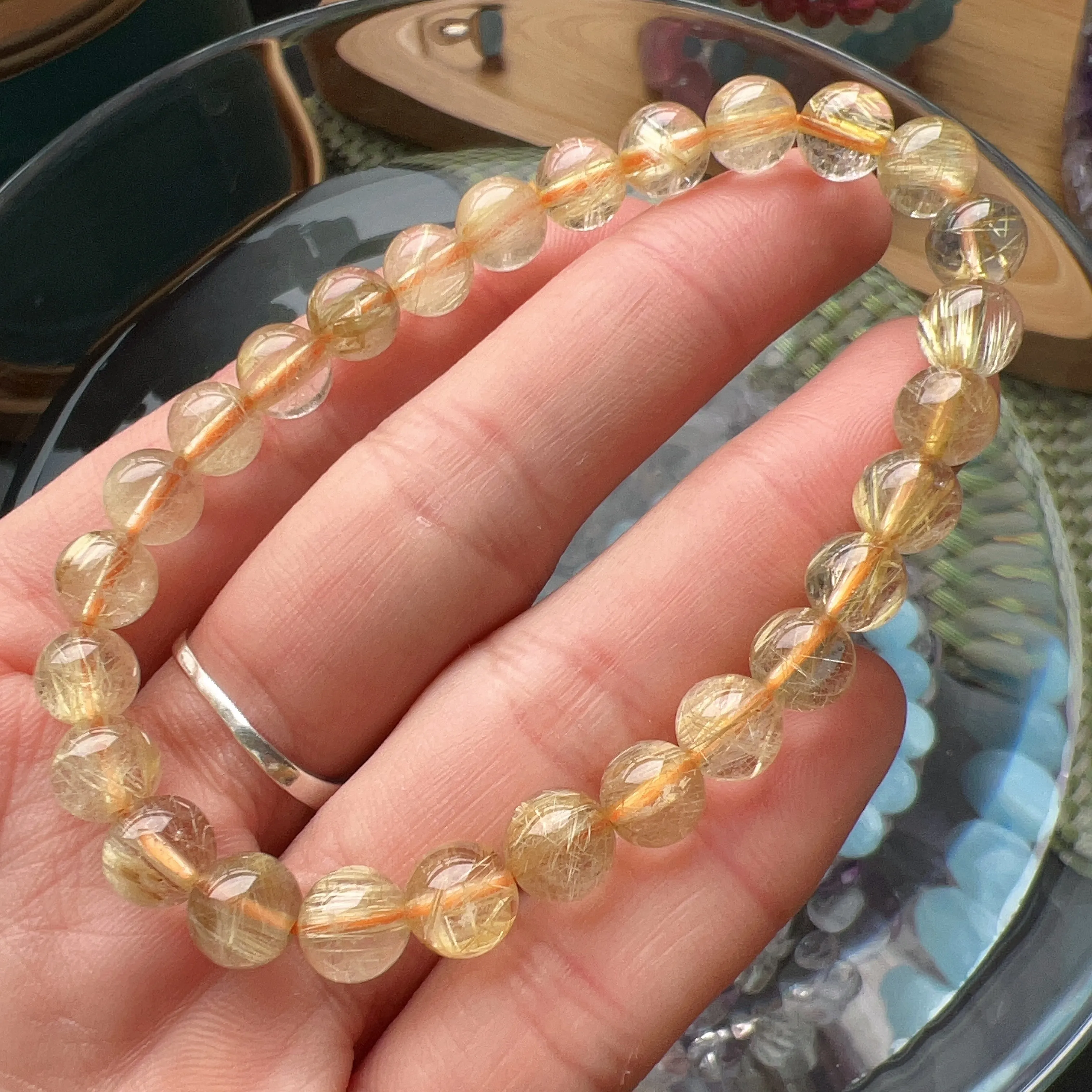 7.3mm Natural Golden Rutilated Quartz Healing Crystal Bracelet from Brazil | Solar Plexus Chakra Reiki Healing | Bringing Wealth