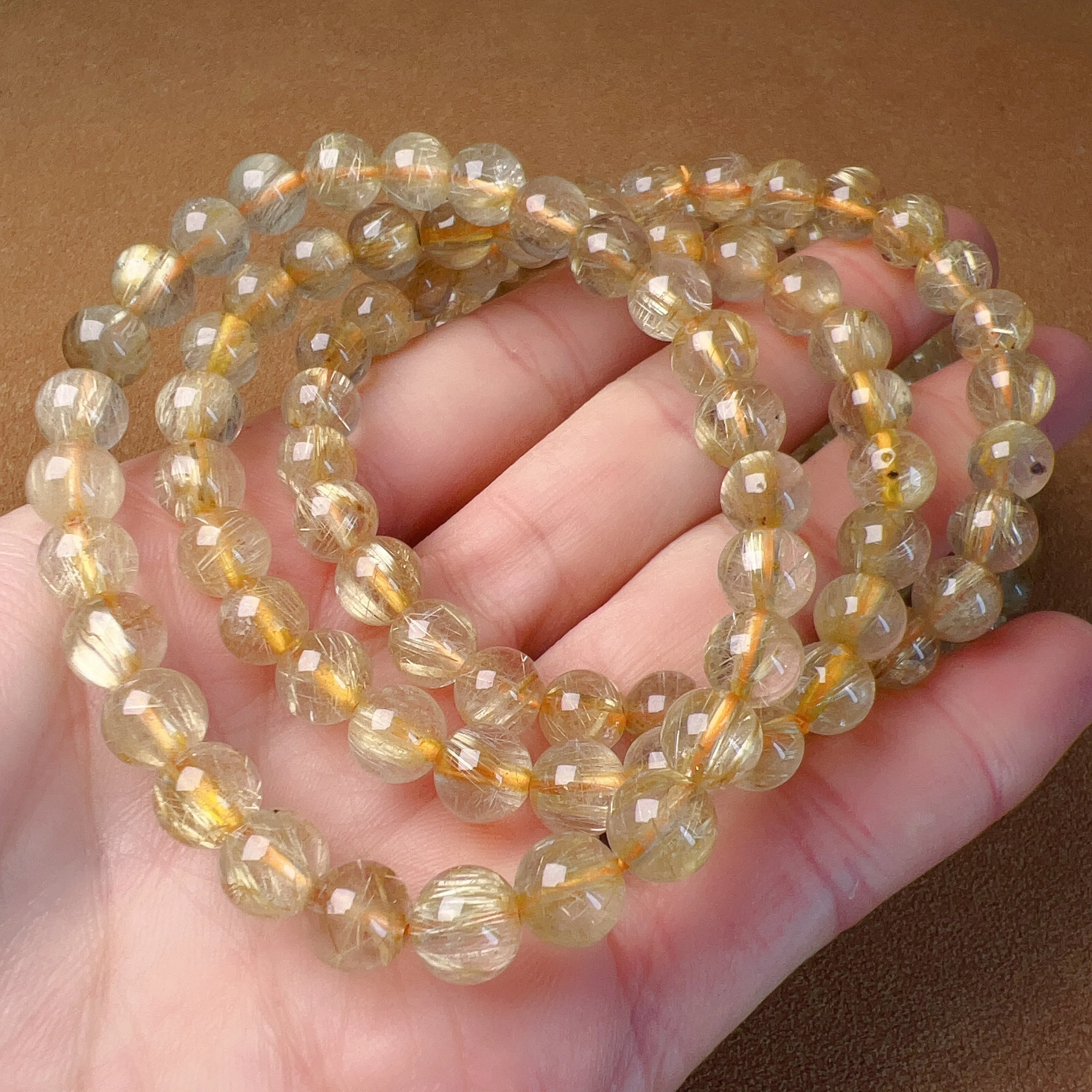 7.3mm Natural Golden Rutilated Quartz Healing Crystal Bracelet from Brazil | Solar Plexus Chakra Reiki Healing | Bringing Wealth