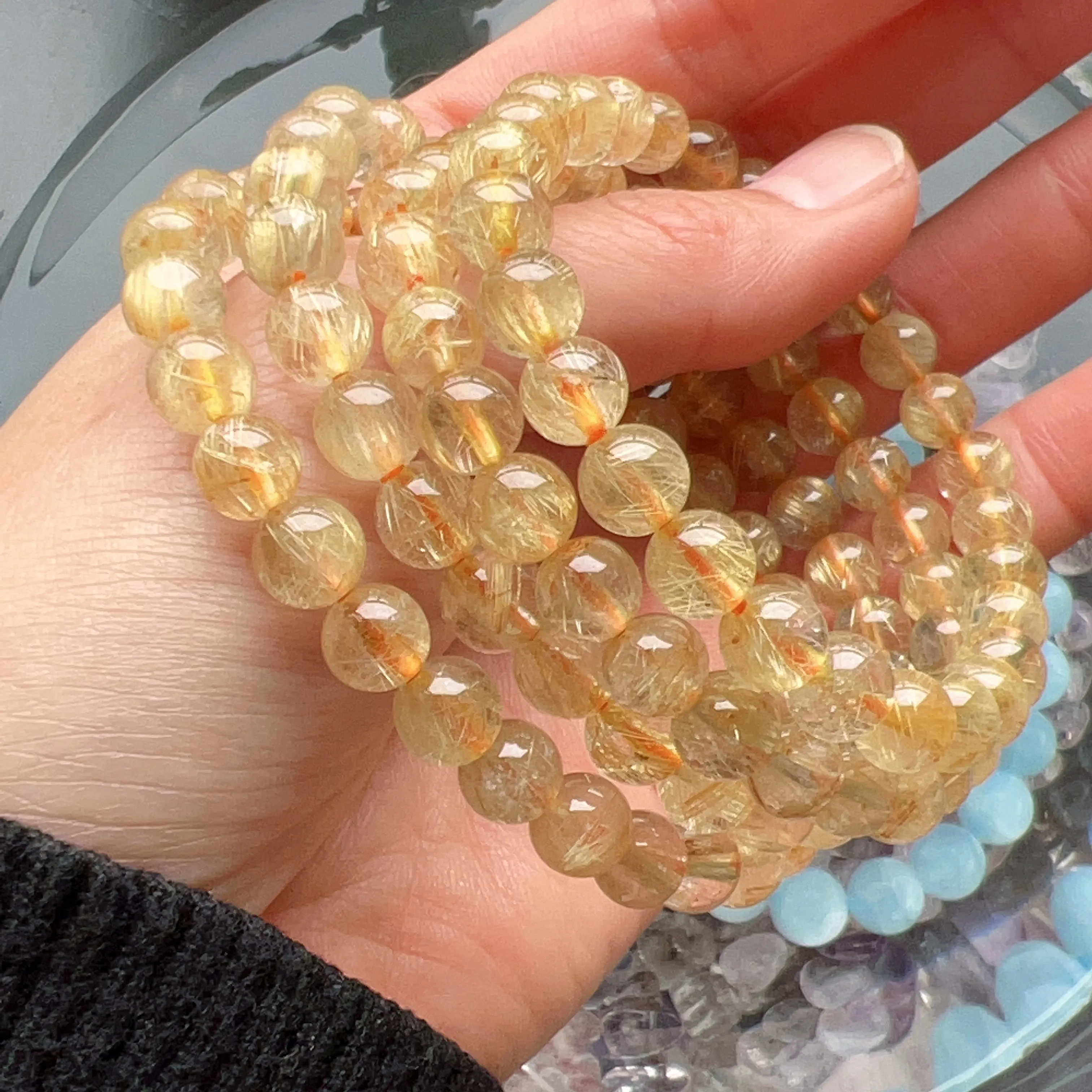 7.3mm Natural Golden Rutilated Quartz Healing Crystal Bracelet from Brazil | Solar Plexus Chakra Reiki Healing | Bringing Wealth