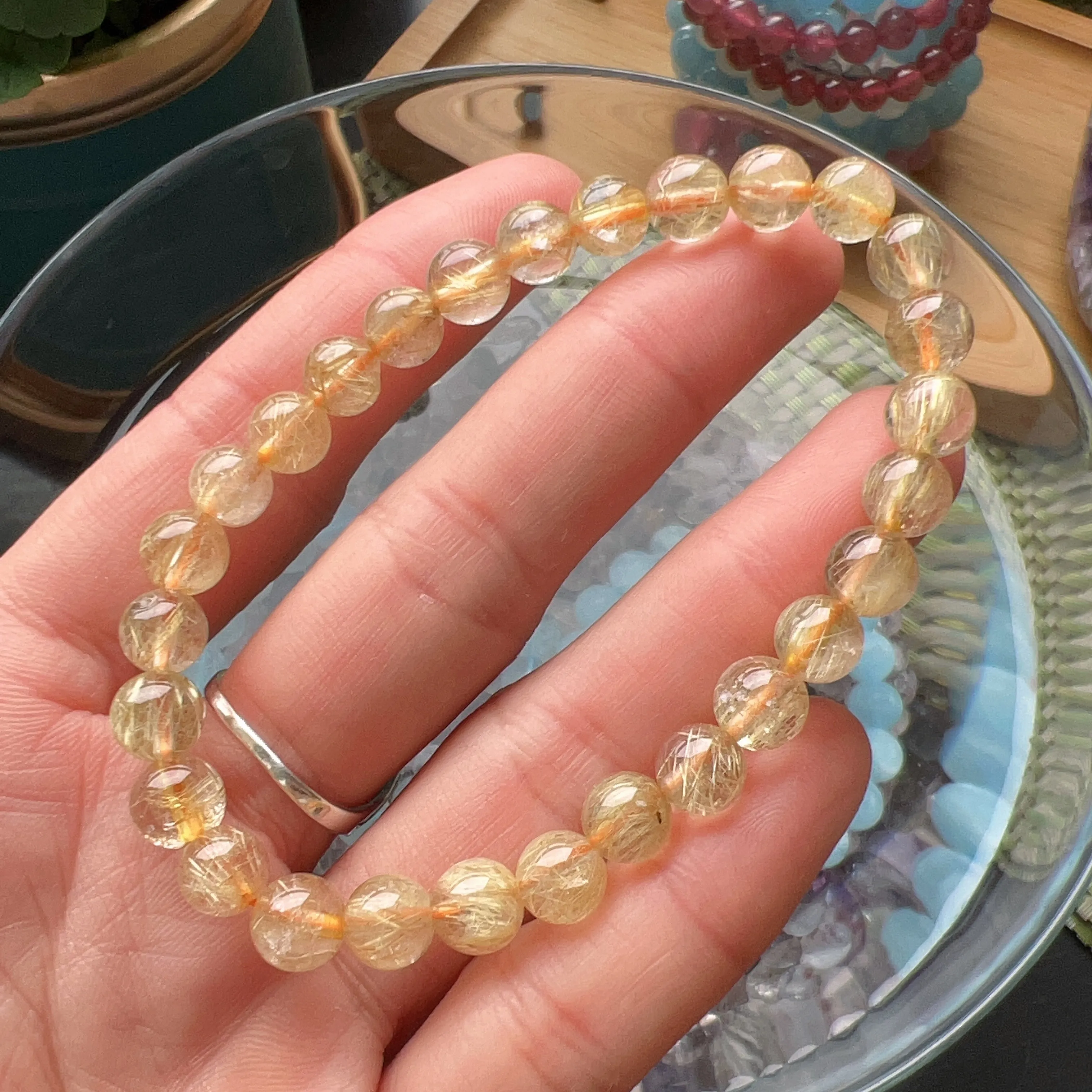 7.3mm Natural Golden Rutilated Quartz Healing Crystal Bracelet from Brazil | Solar Plexus Chakra Reiki Healing | Bringing Wealth