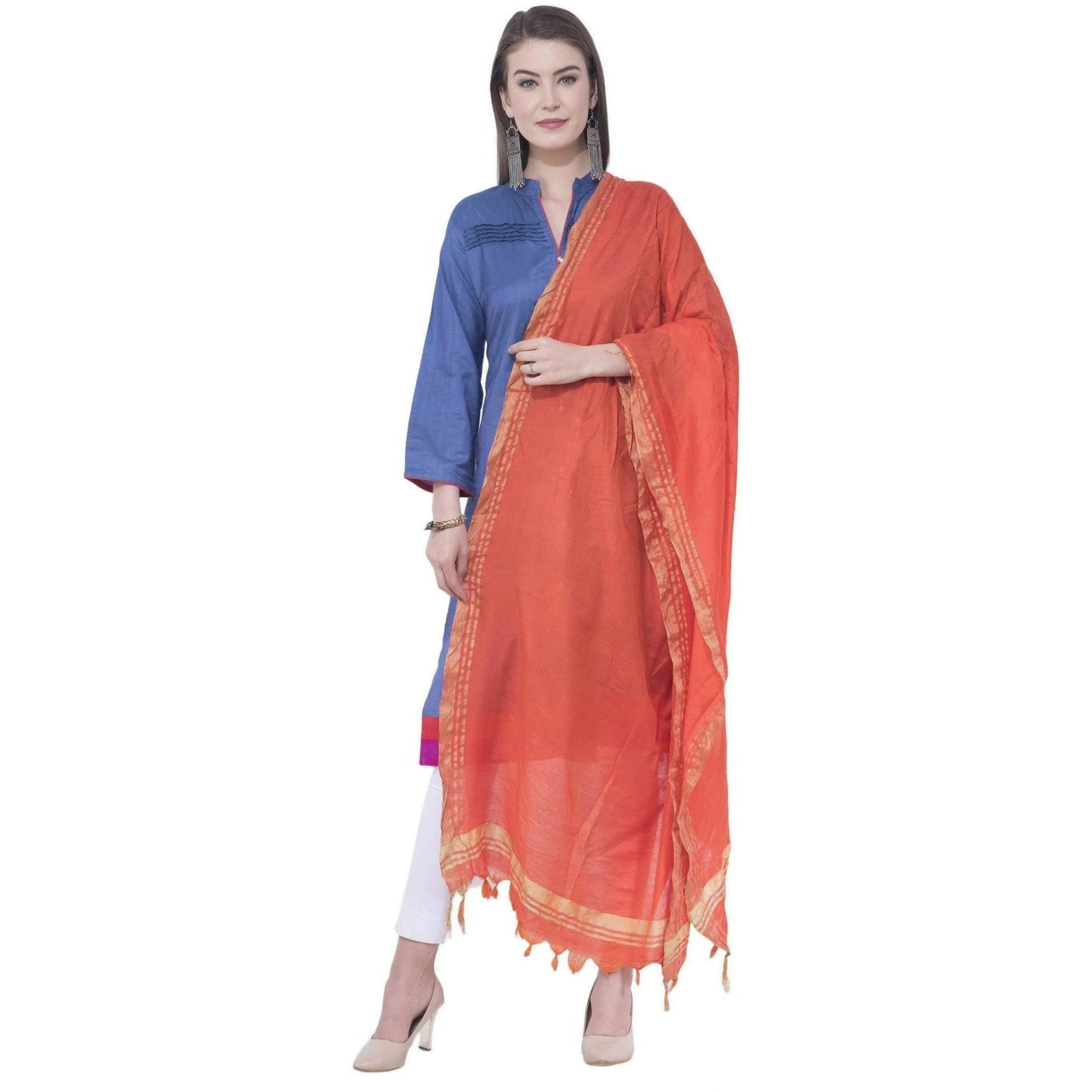 A R Silk Orange Color Golden border Cotton Dupattas & Chunnis