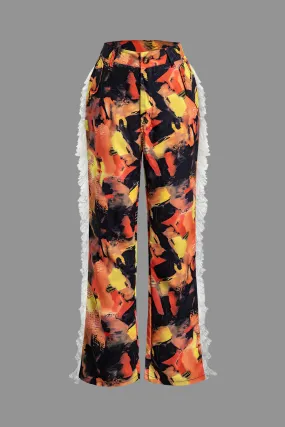 Abstract Print Fringe Pants