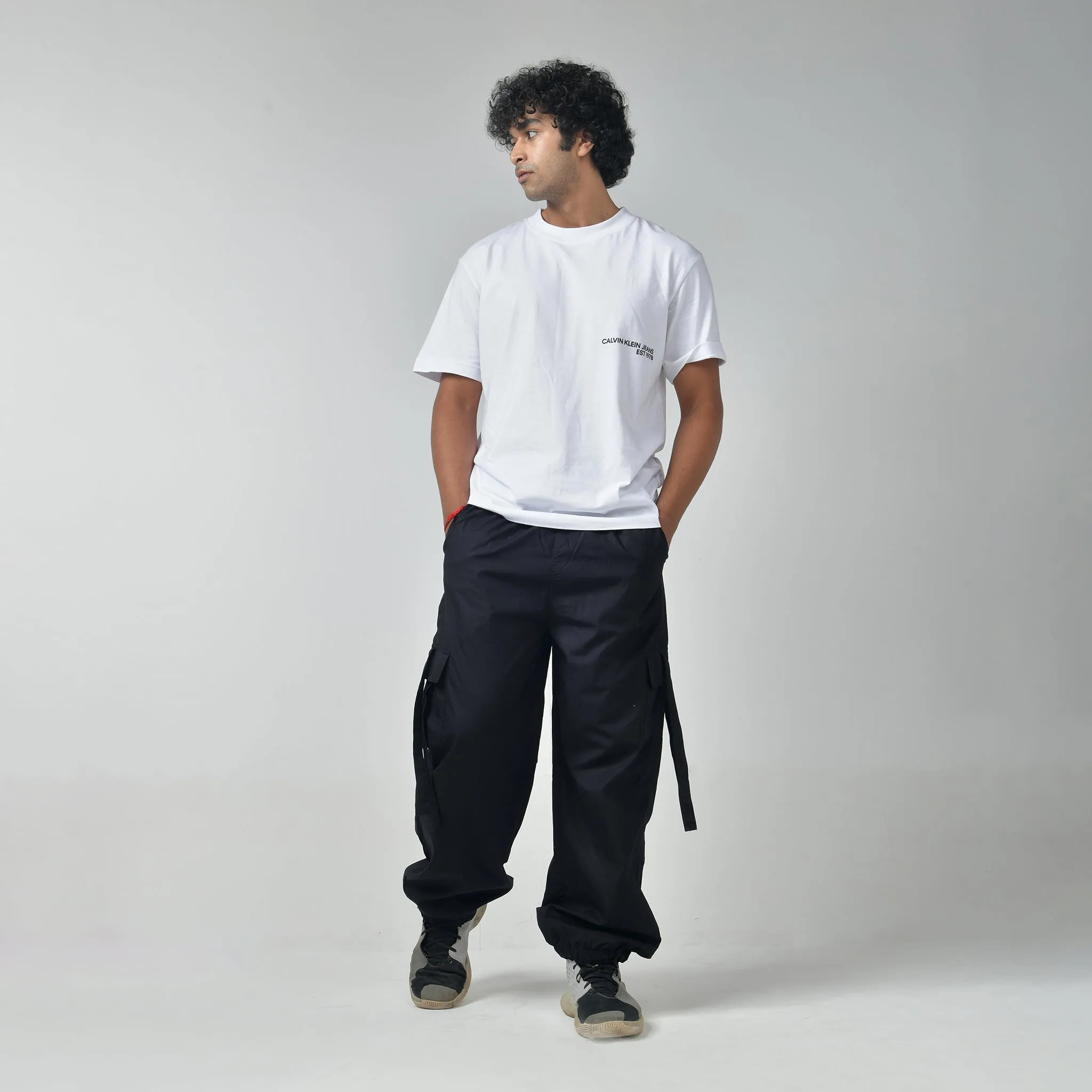 Black Cargo Parachute Pants For Men