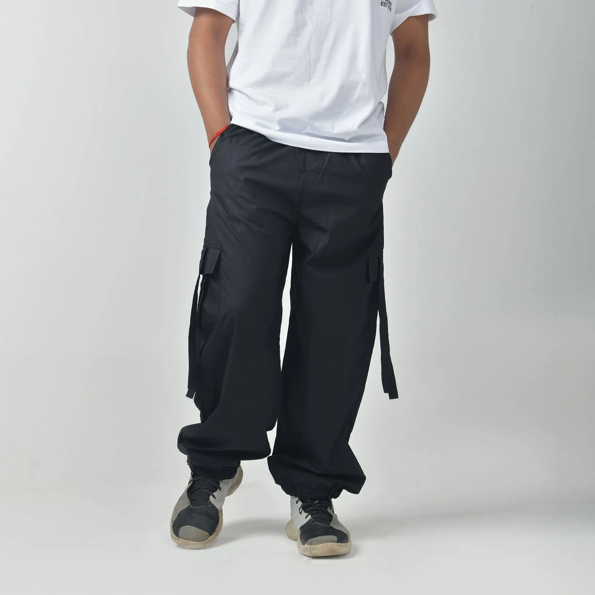 Black Cargo Parachute Pants For Men