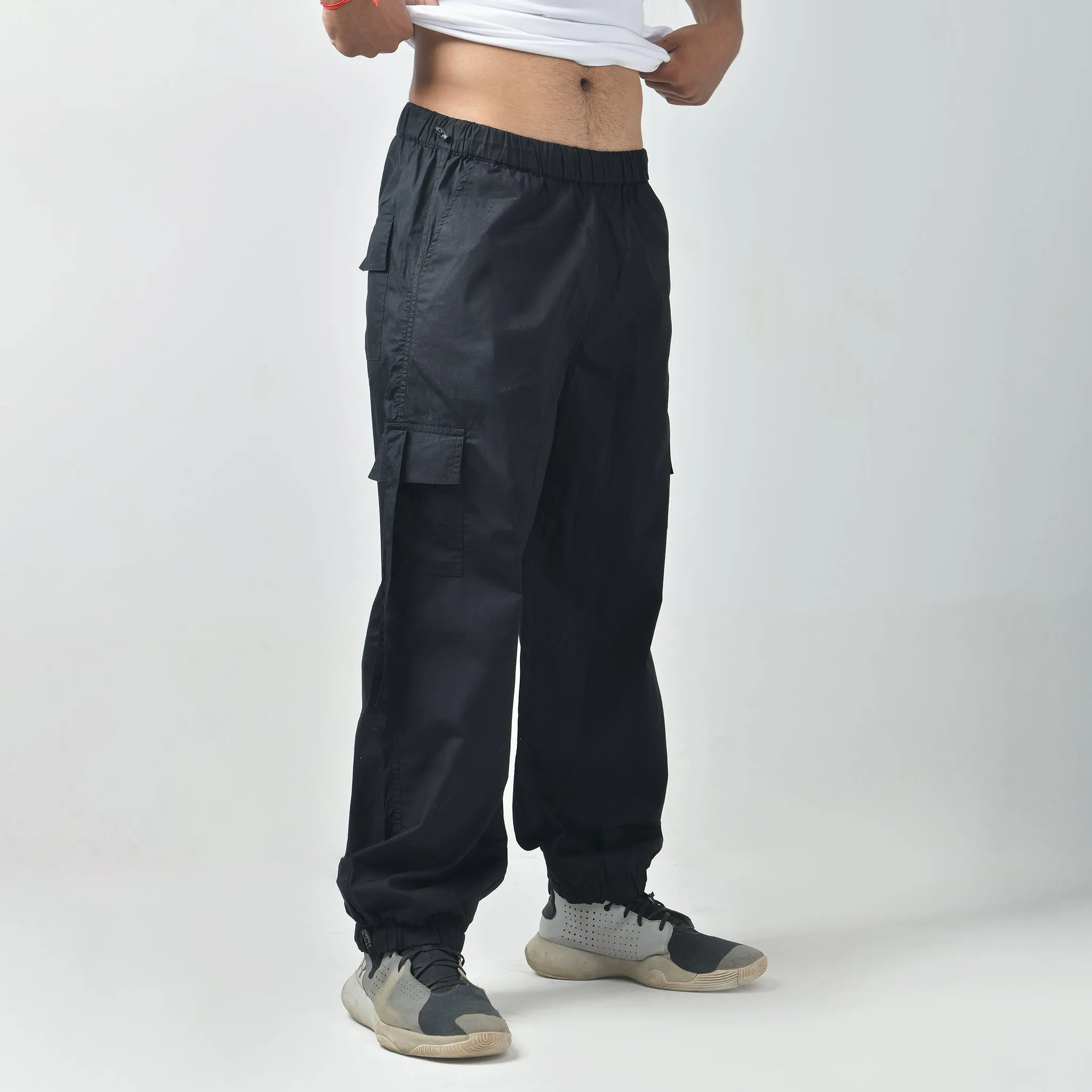 Black Cargo Parachute Pants For Men