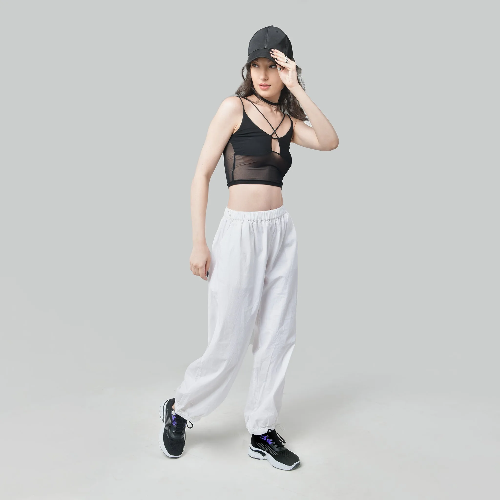 Black Mesh Top & White Parachute Pants