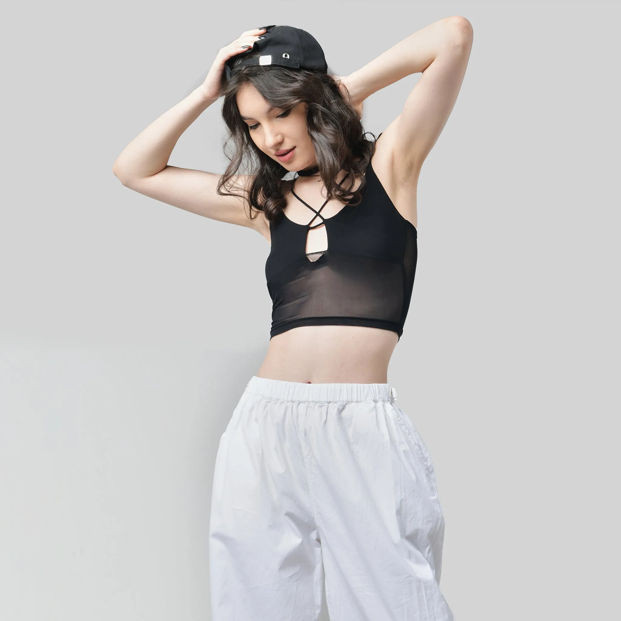 Black Mesh Top & White Parachute Pants