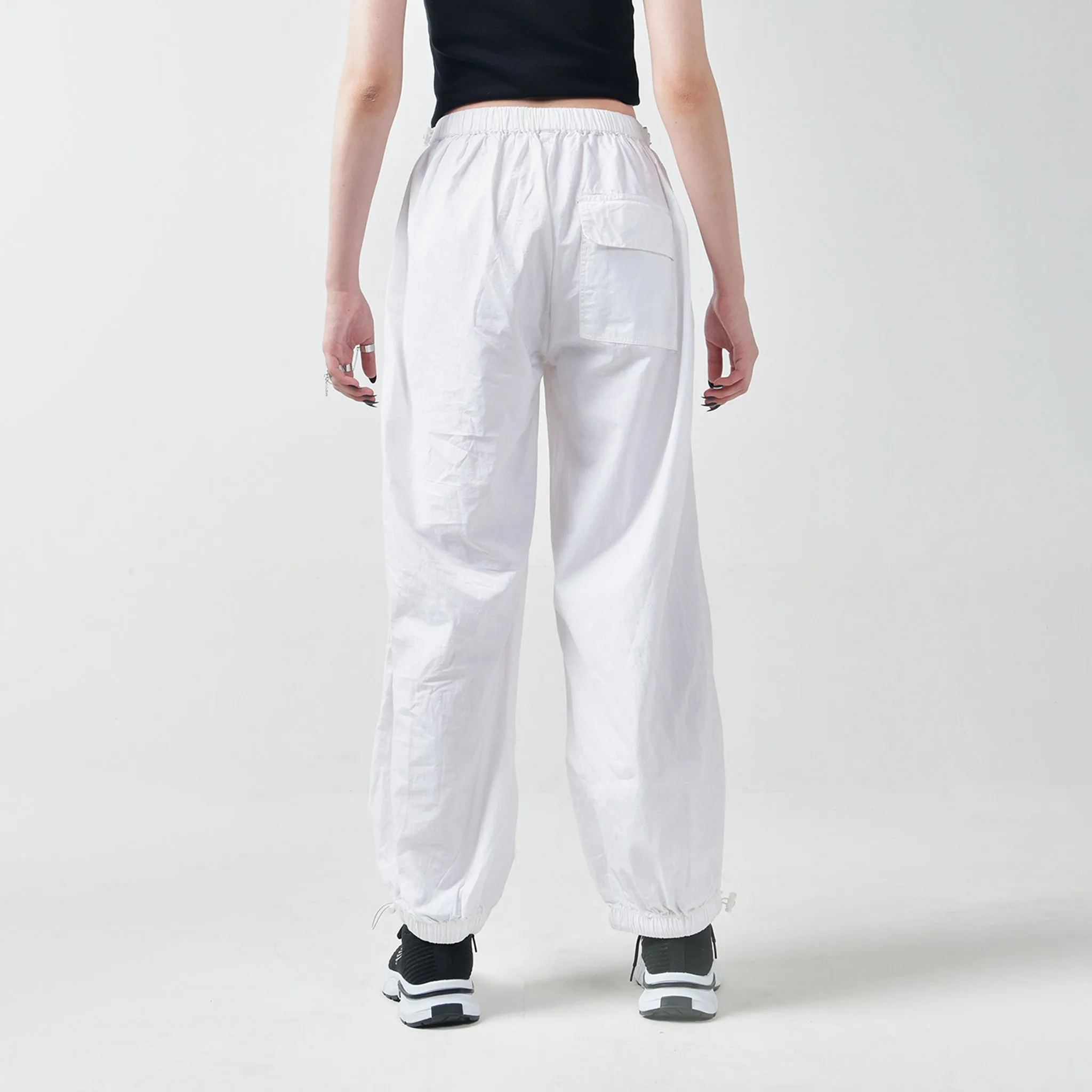 Black Mesh Top & White Parachute Pants