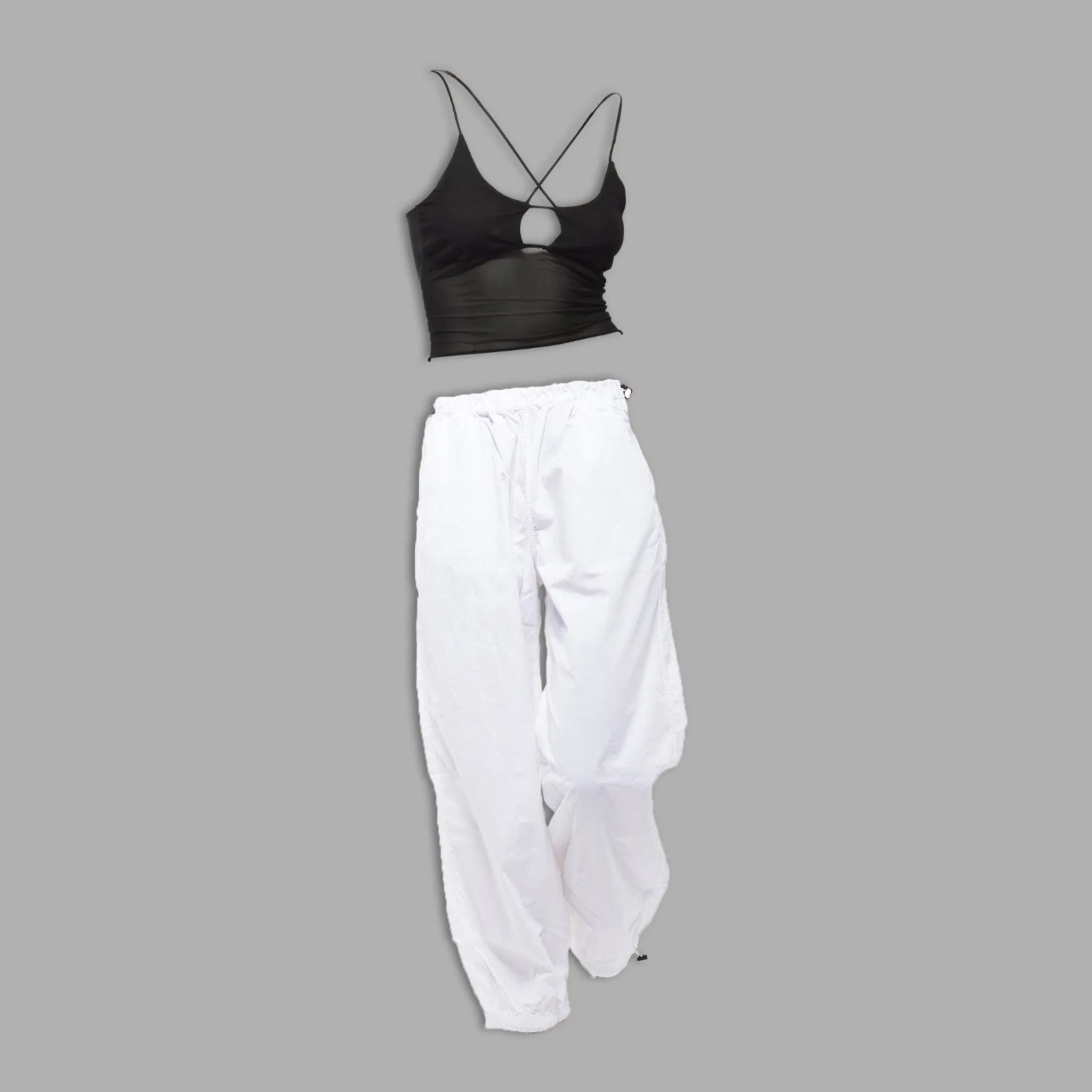 Black Mesh Top & White Parachute Pants