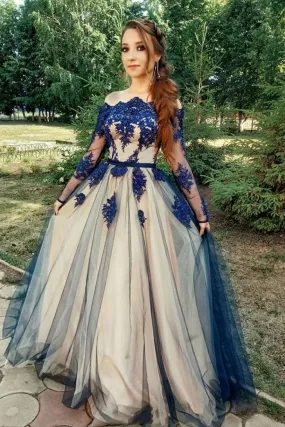 Blue lace tulle long prom dress, blue evening dress