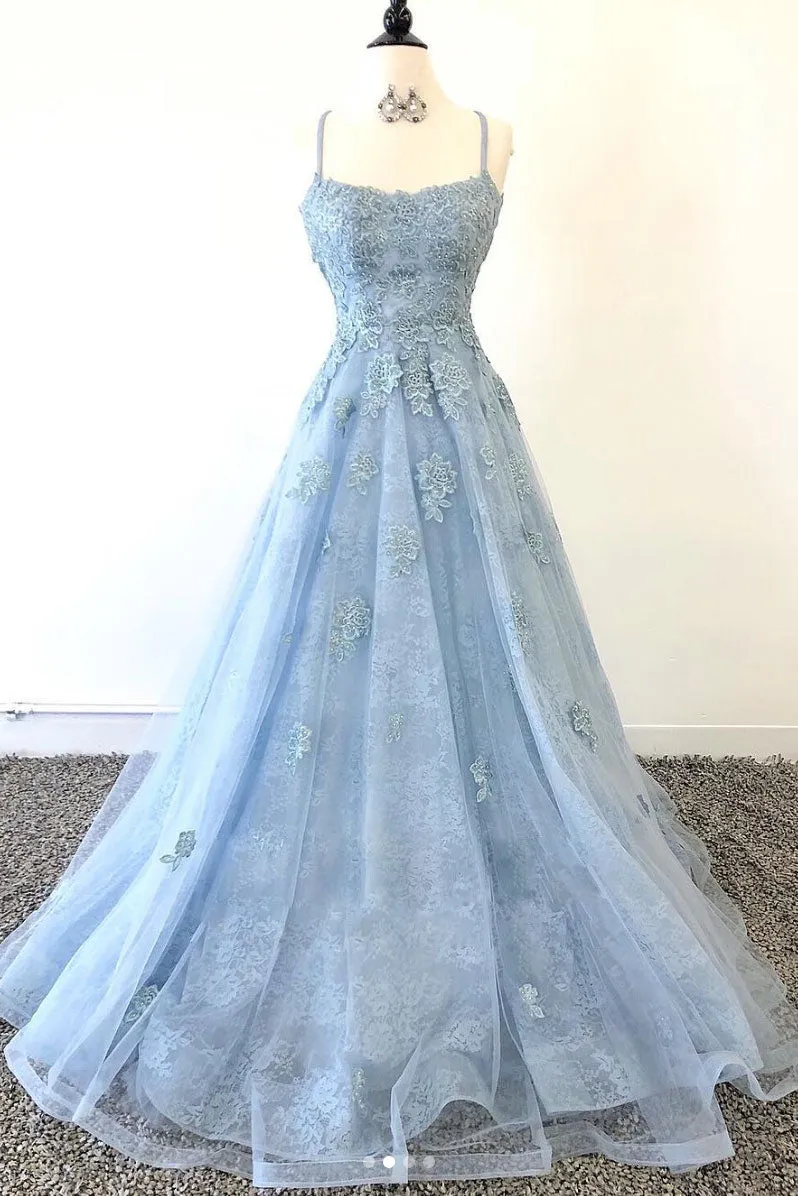 Blue tulle lace long prom dress, blue tulle lace evening dress