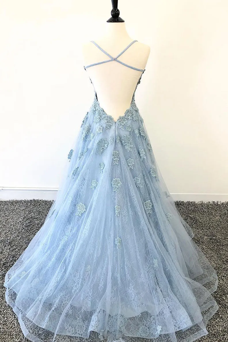 Blue tulle lace long prom dress, blue tulle lace evening dress