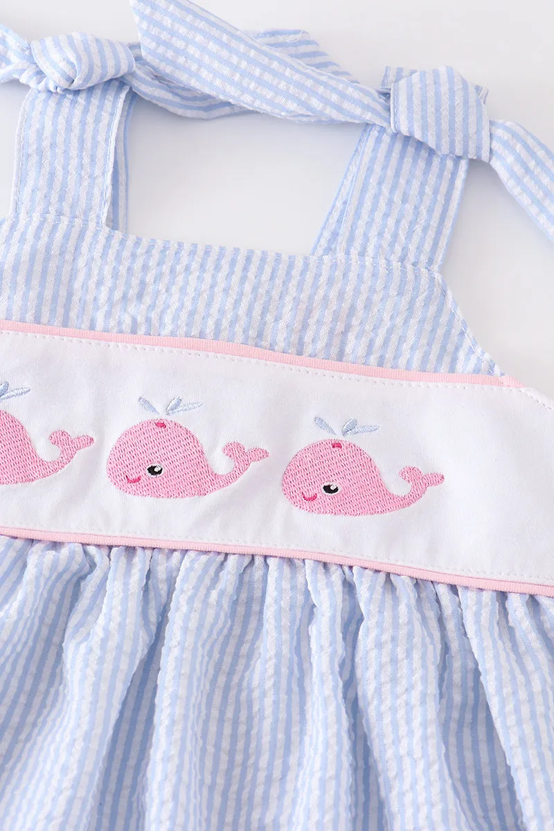 Blue whale embroidery seersucker dress