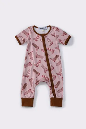 Brown & pink boots zipper romper