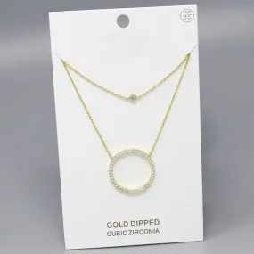 Circle CZ Pave Pendant Gold Dipped Layered Chain Necklace