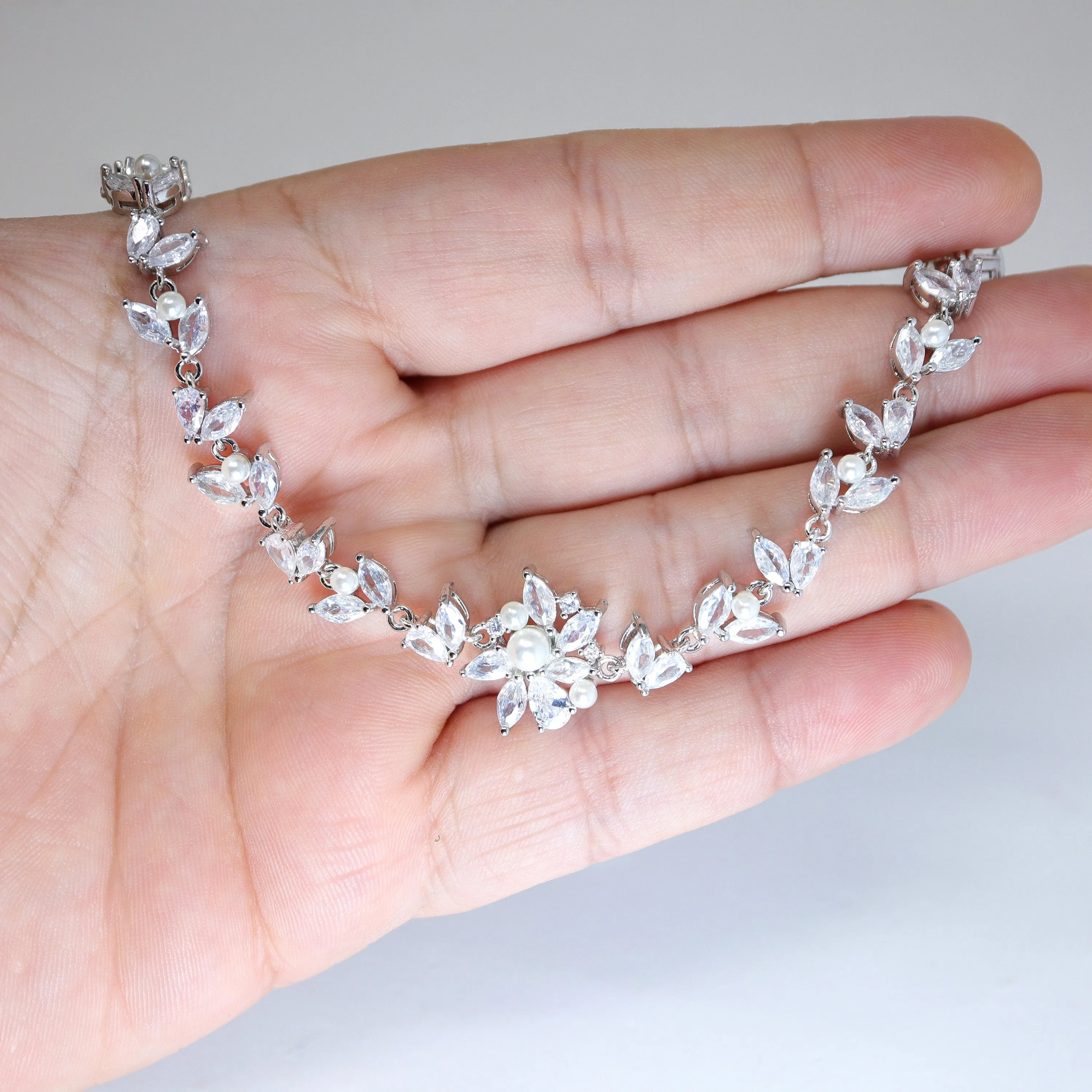 CZ Cascading Dreams: Silver Floral Vine Necklace with Pearl Drops, Bridal Necklace Set, Bridal Jewelry, Statement Necklace