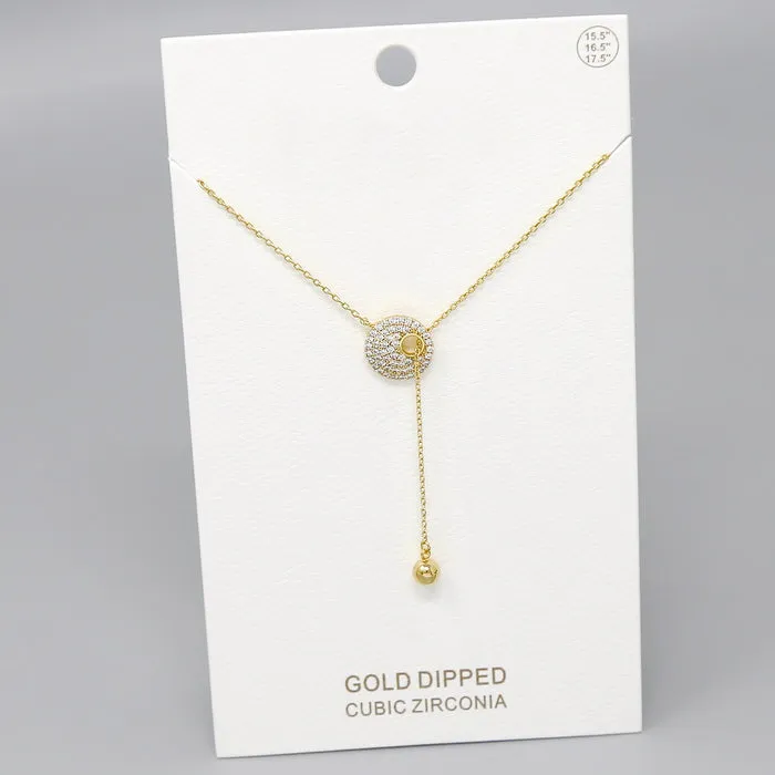 CZ Pave Disc Pull Through Gold Dipped Lariat Necklace