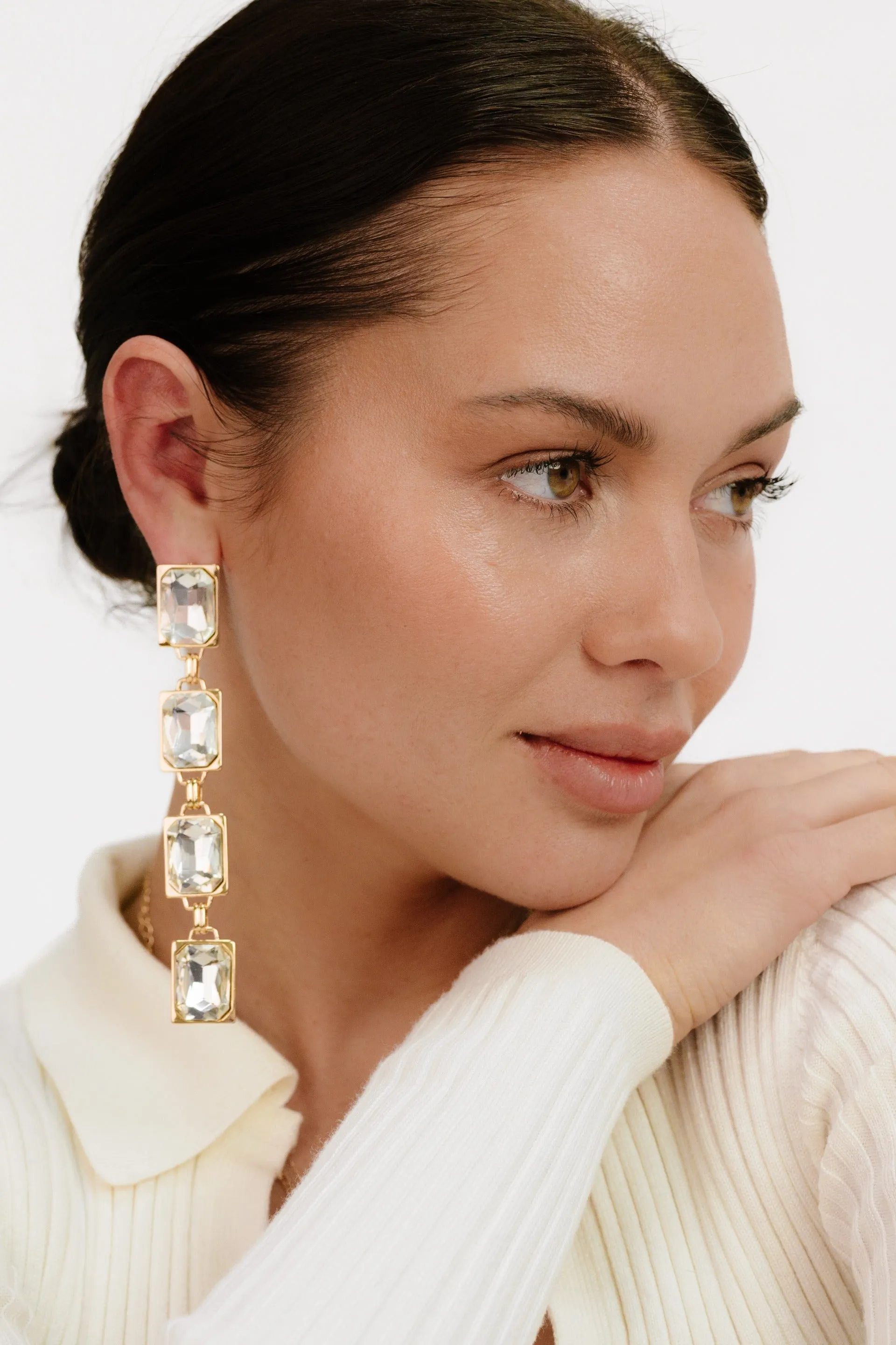 Four Crystal Stone Drop 18k Gold Plated Earrings