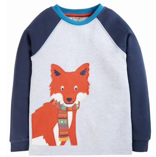 Frugi Jake Applique Top - Grey Marl/Fox