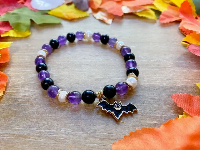 Halloween Collection || Amethyst, Black Onyx, Mother of Pearl & Bat Charm Beaded Bracelet || Reiki Infused