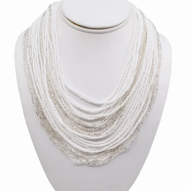 Hand Beaded Necklace - 24 Strand White and Crystal