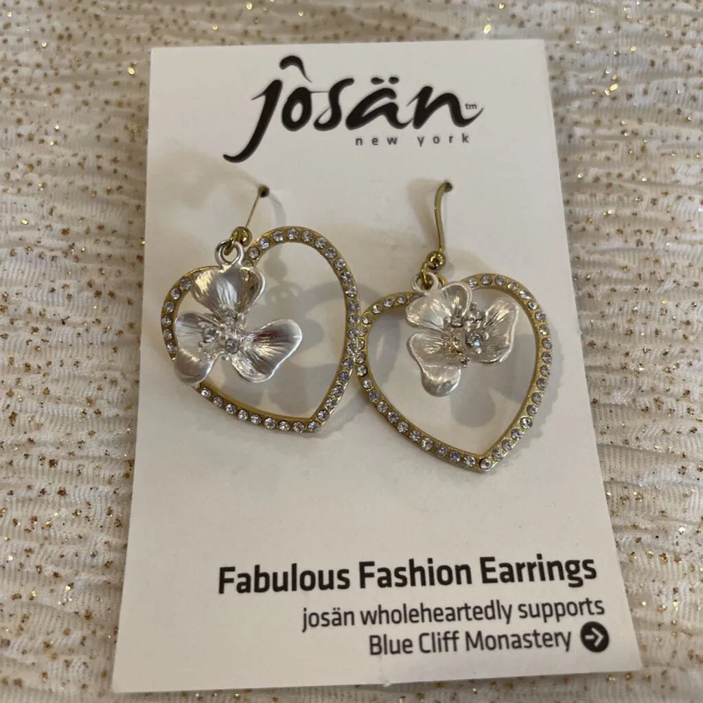 Josan SSW Crystal Trimmed Two Tone Heart & Flowers Earrings