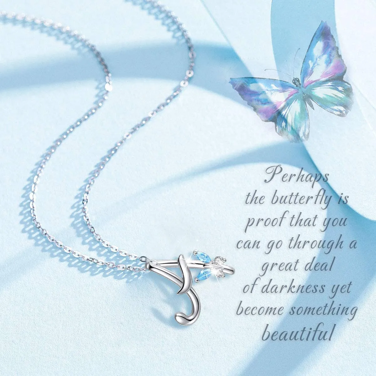 Letter A Cursive Initial Crystal Butterfly Necklace Sterling Silver