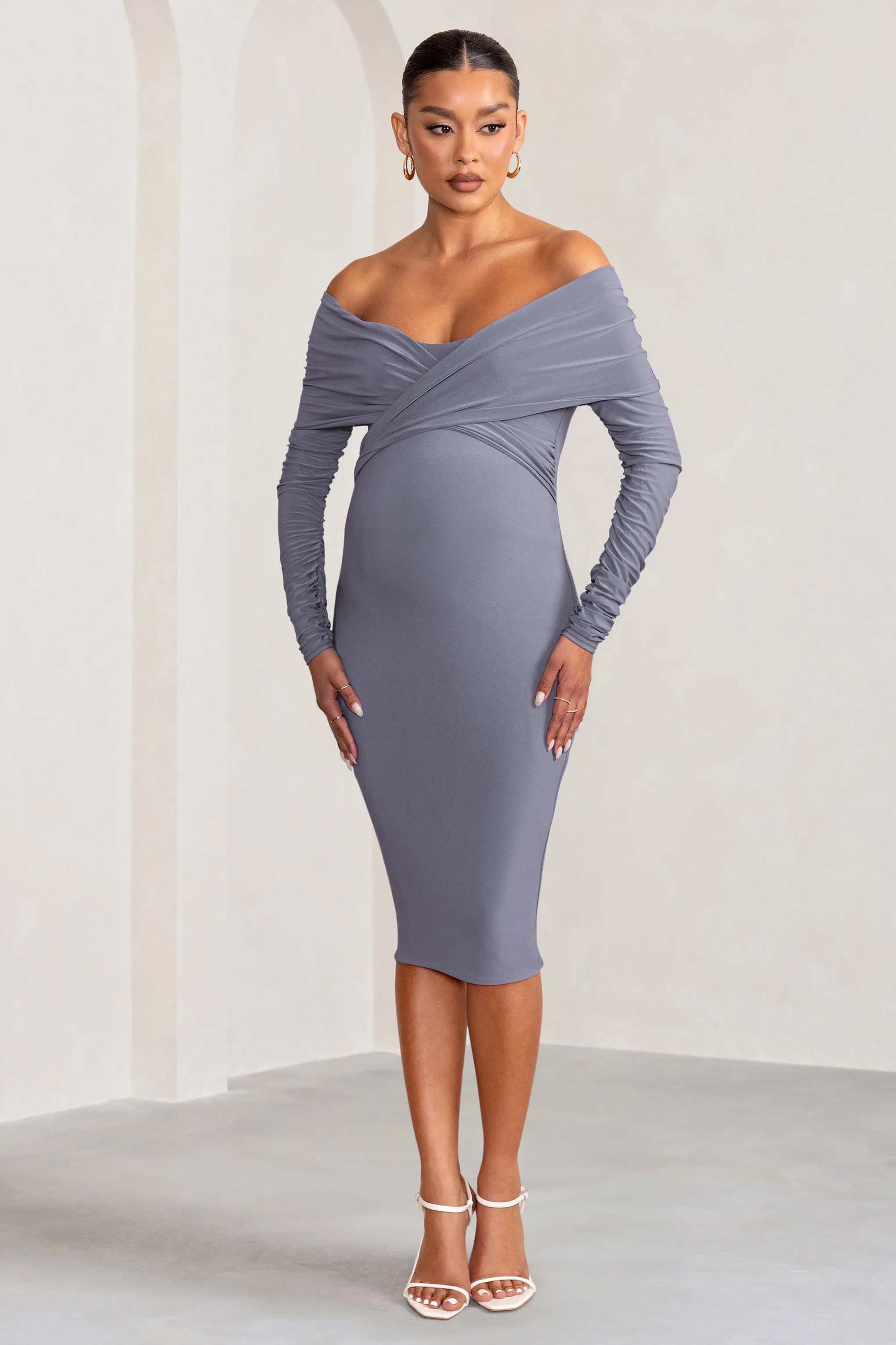 Little Star | Dove Grey Maternity Twist Front Midi Dress