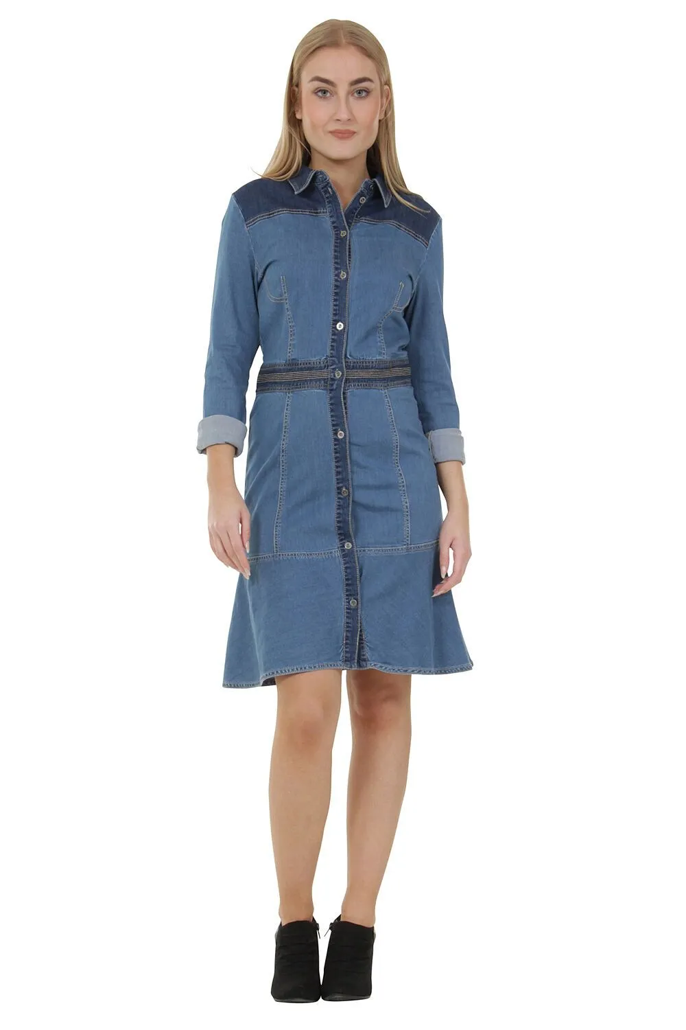 Long Sleeve Button Front Denim Dress - Size 8 only