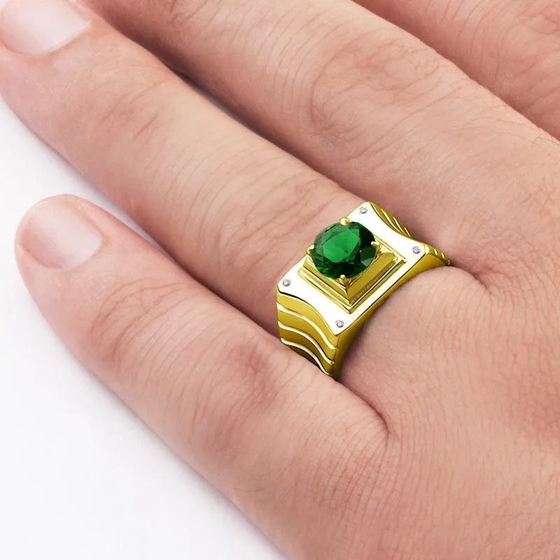 Men's Emerald Ring in 10k Yellow Gold with Genuine Diamonds