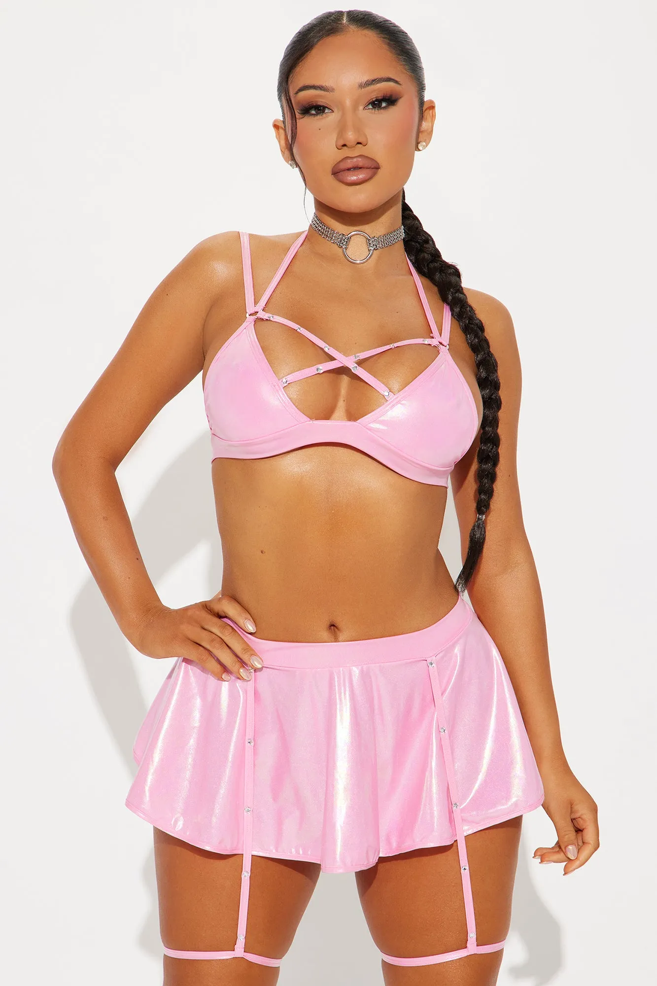 One Beat At A Time Holographic Strappy Dance Set - Pink