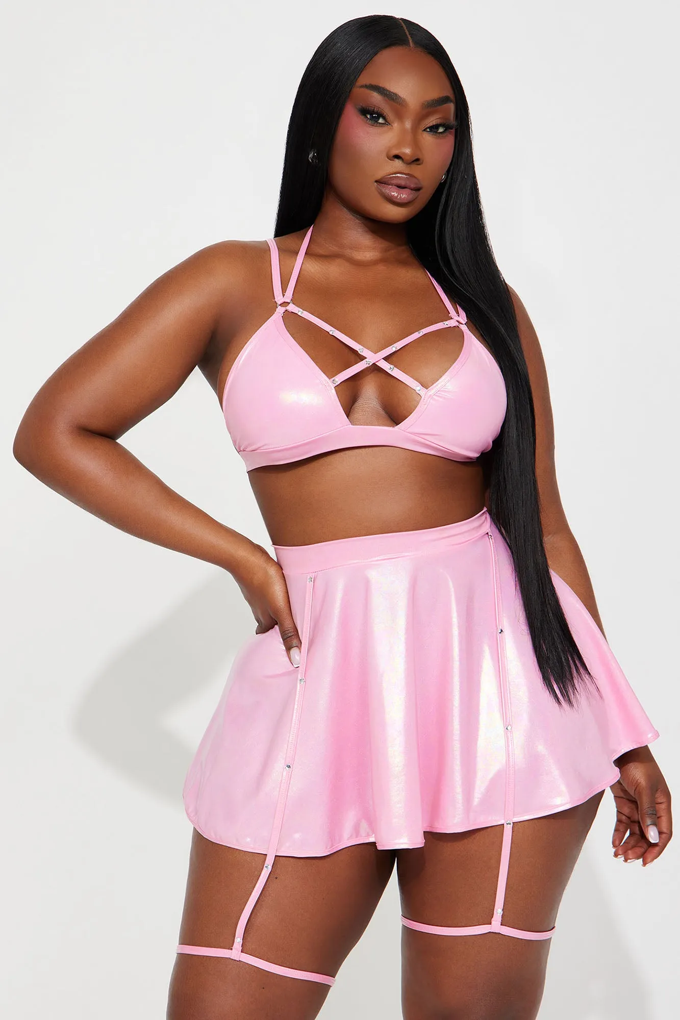 One Beat At A Time Holographic Strappy Dance Set - Pink