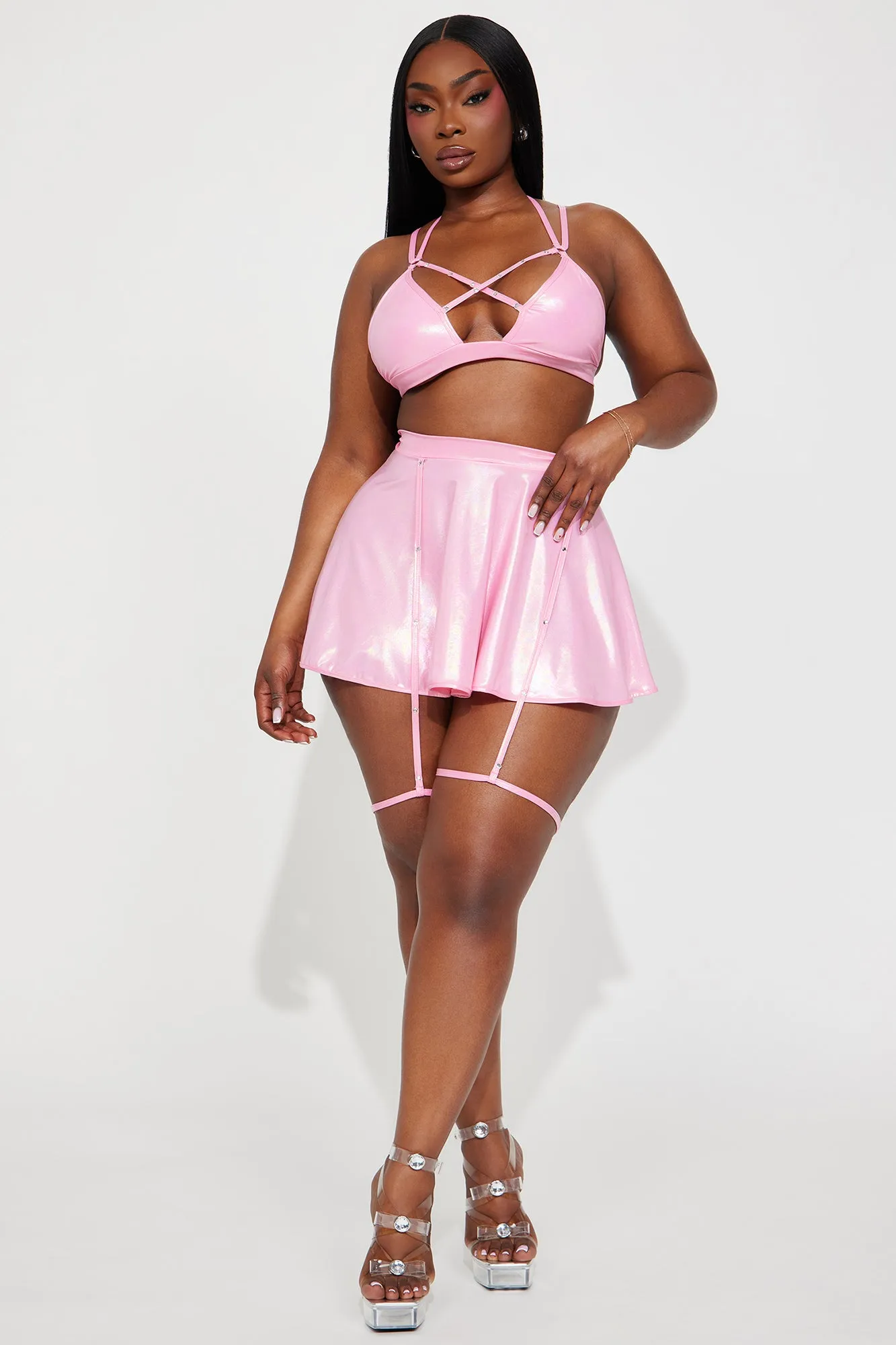 One Beat At A Time Holographic Strappy Dance Set - Pink