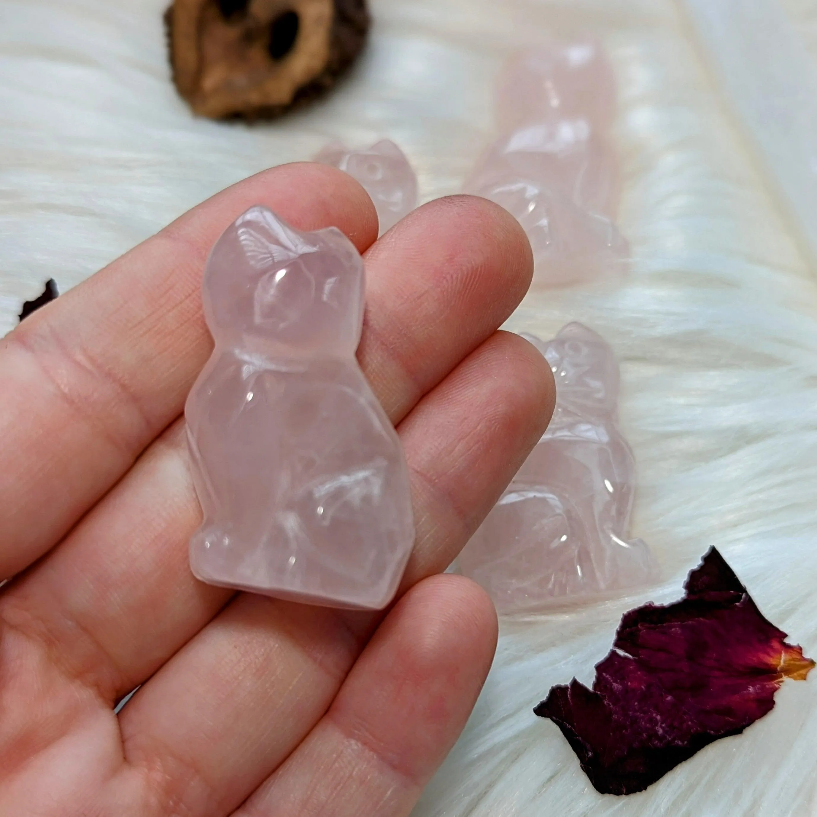 Opalite and Rose Quartz Glass Cat Carvings