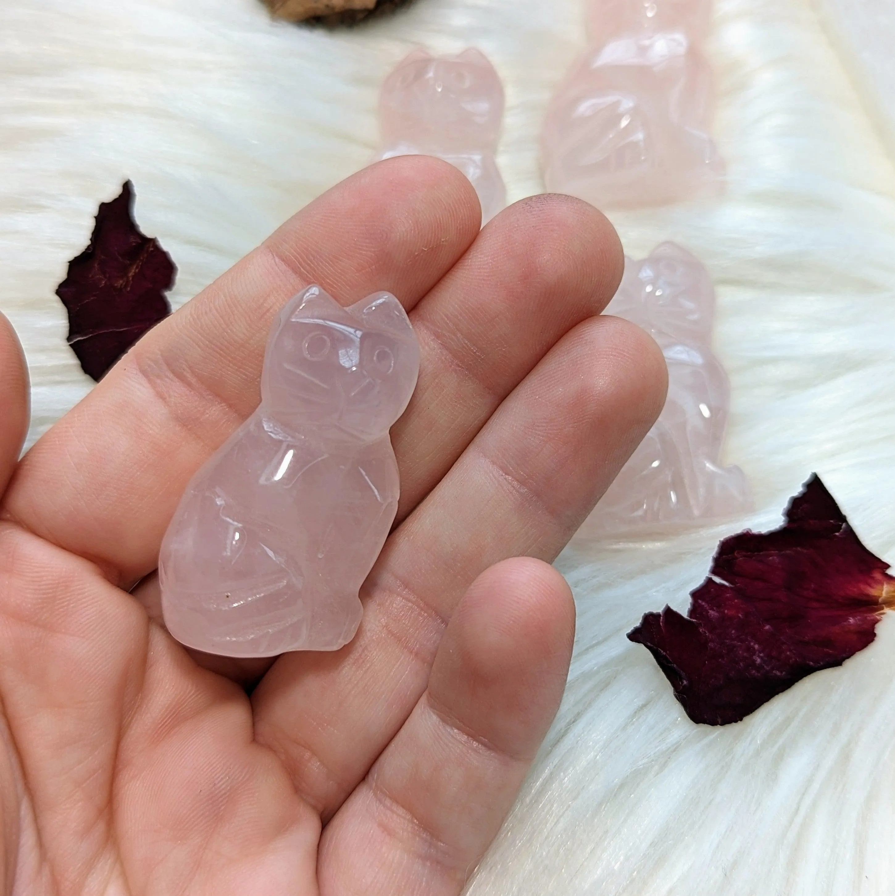 Opalite and Rose Quartz Glass Cat Carvings