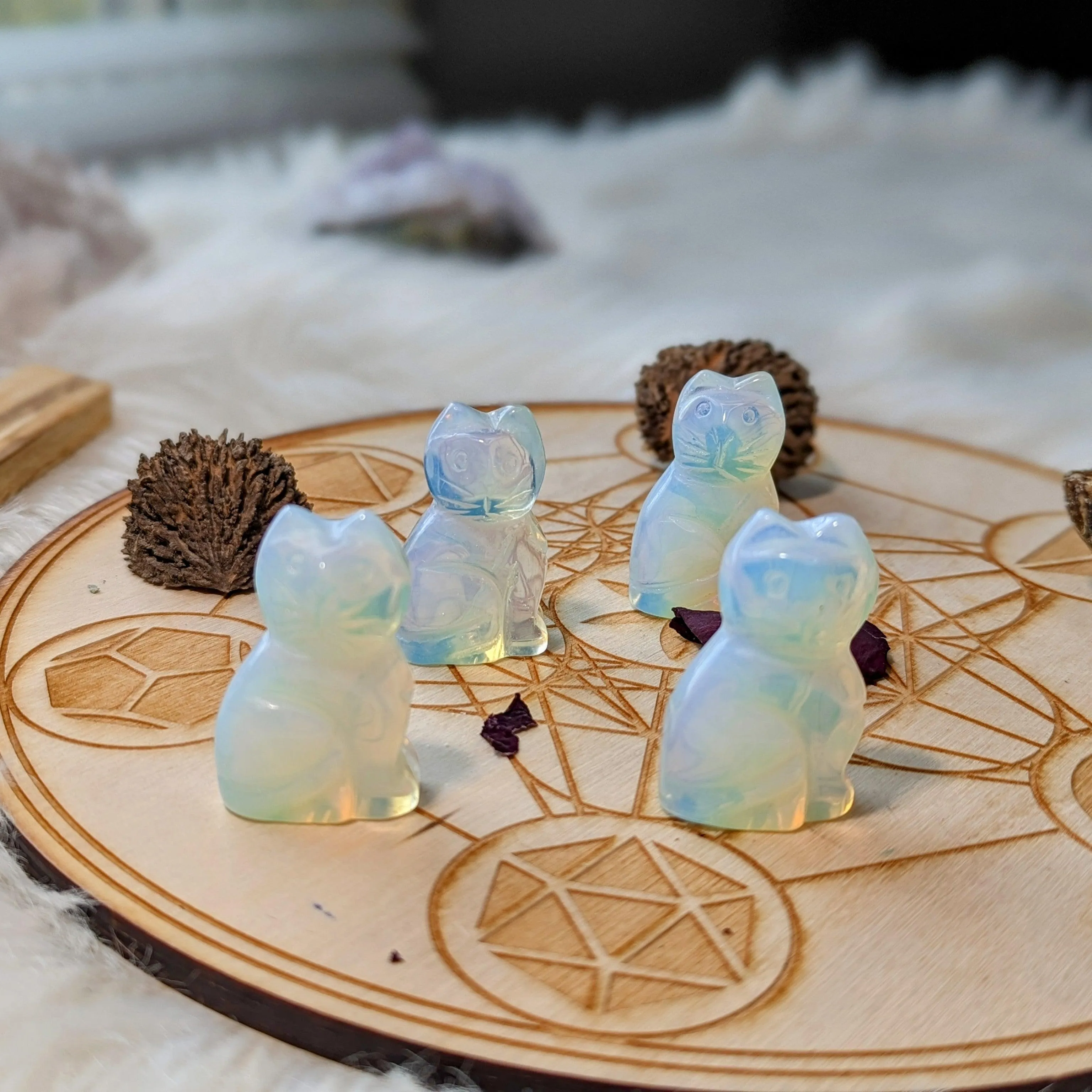 Opalite and Rose Quartz Glass Cat Carvings