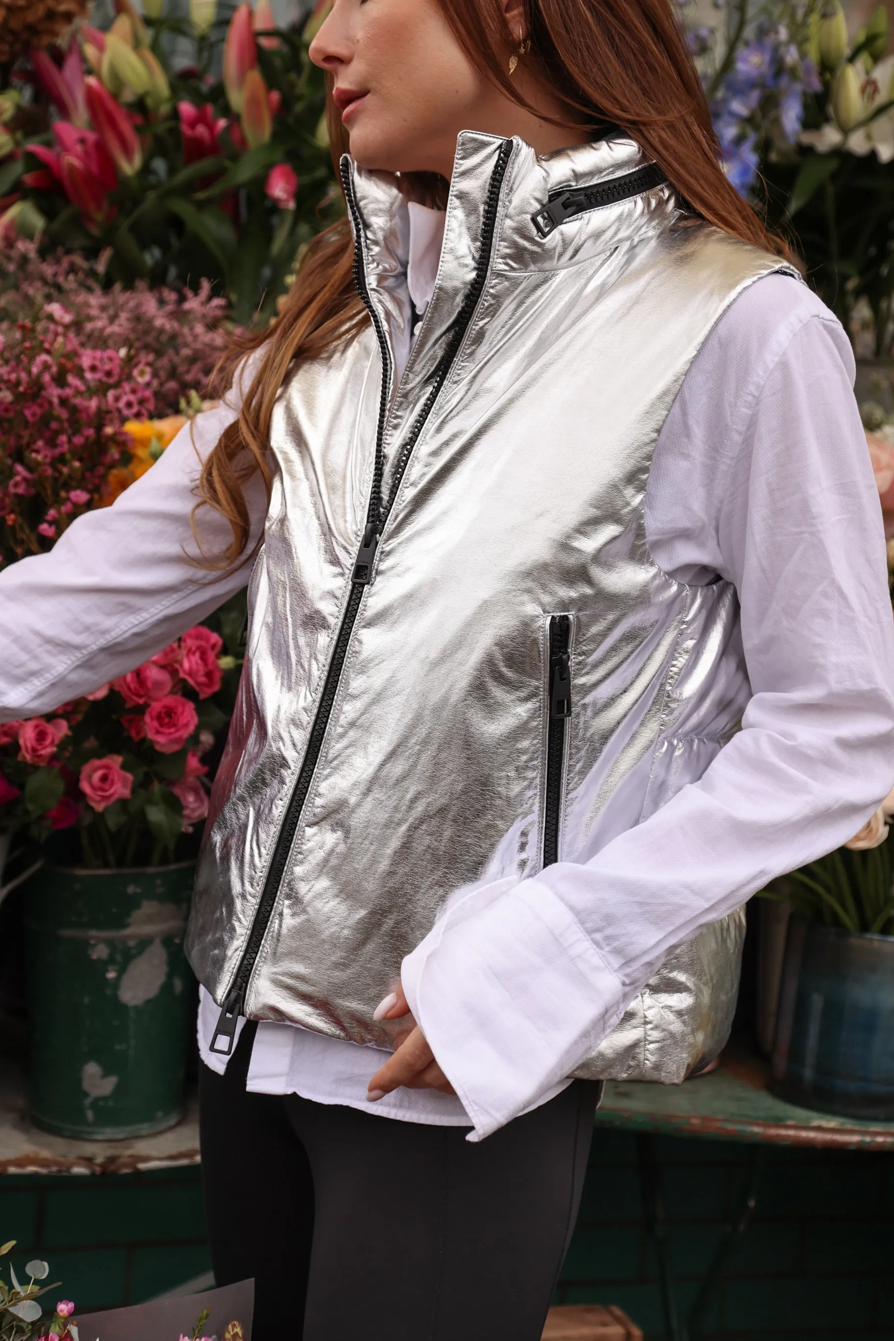 POWIS vegan leather silver sleeveless puffer jacket