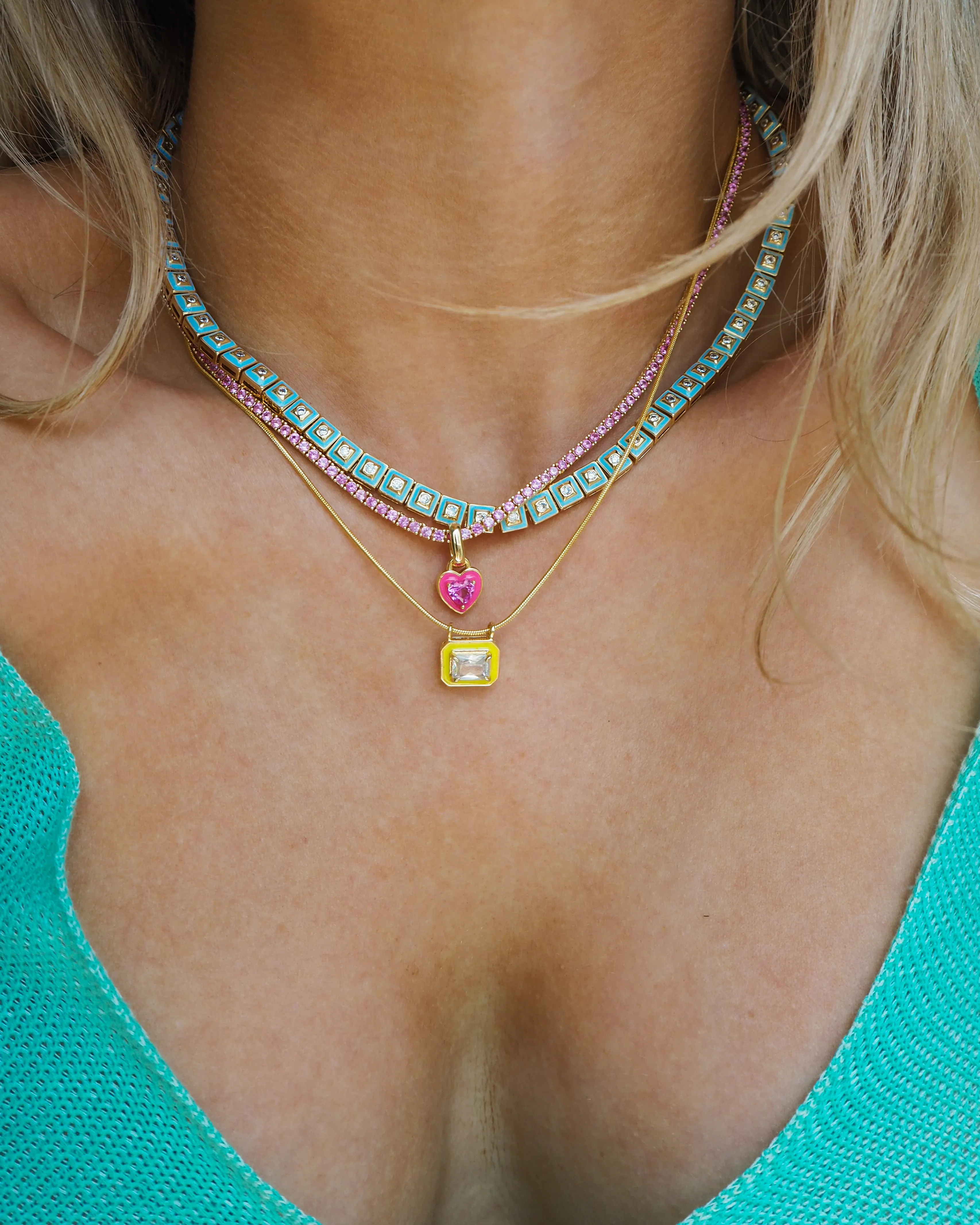 Pyramid Stud Tennis Necklace- Baby Blue- Gold