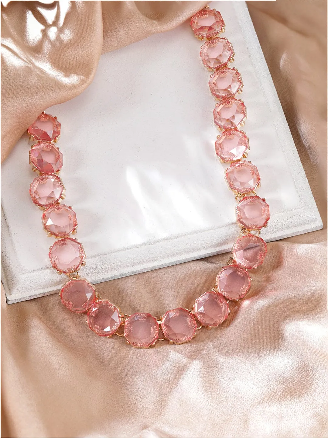 Rubans Voguish 18K Gold Plated Pink Crystal Studded Statement Necklace