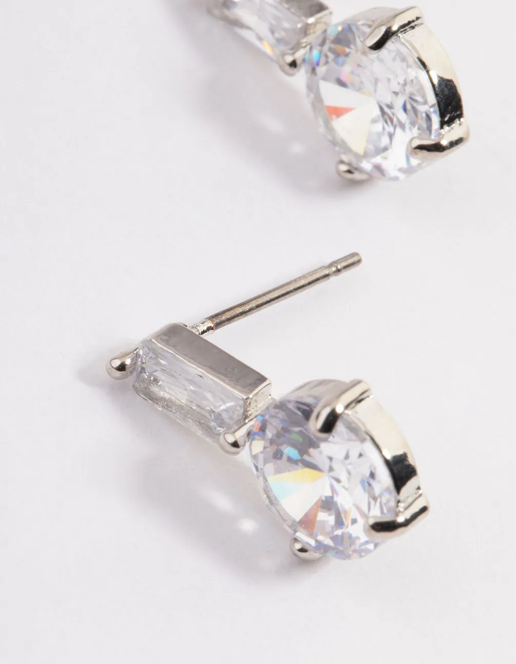 Silver Cubic Zirconia Straight Round Stud Earrings