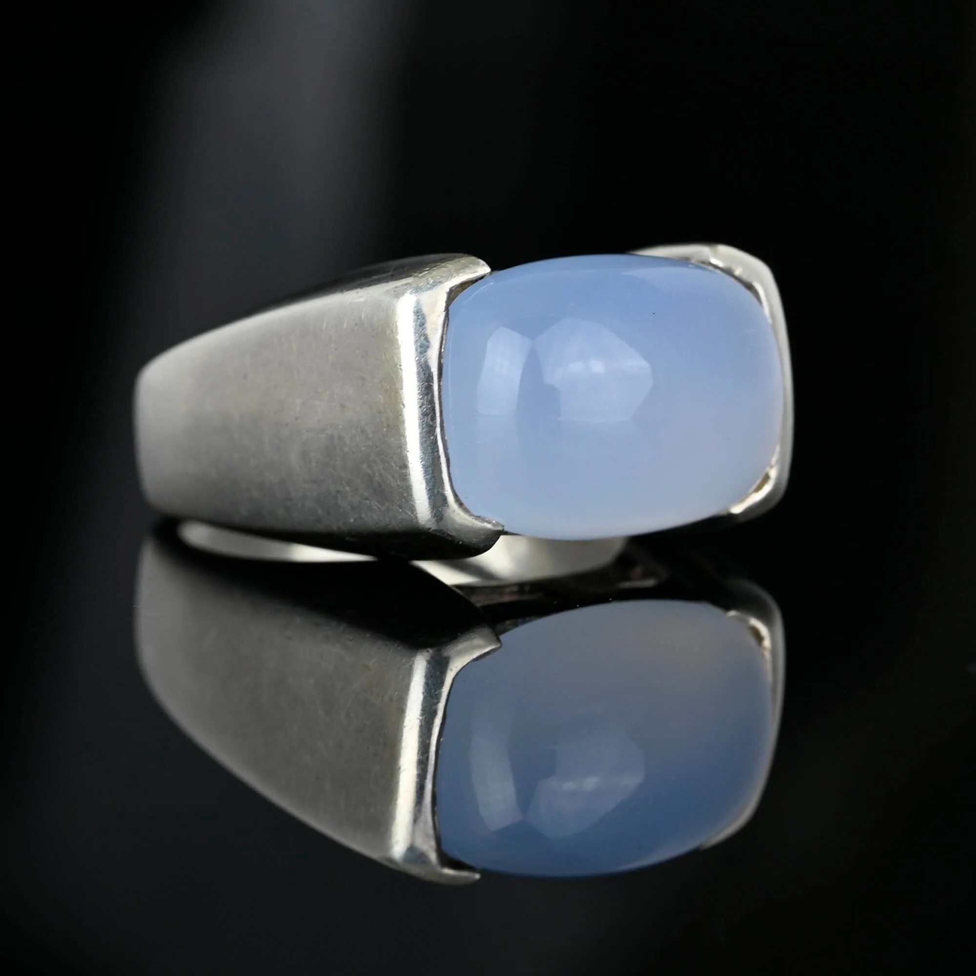 Silver East West Pale Blue Chalcedony Signet Ring