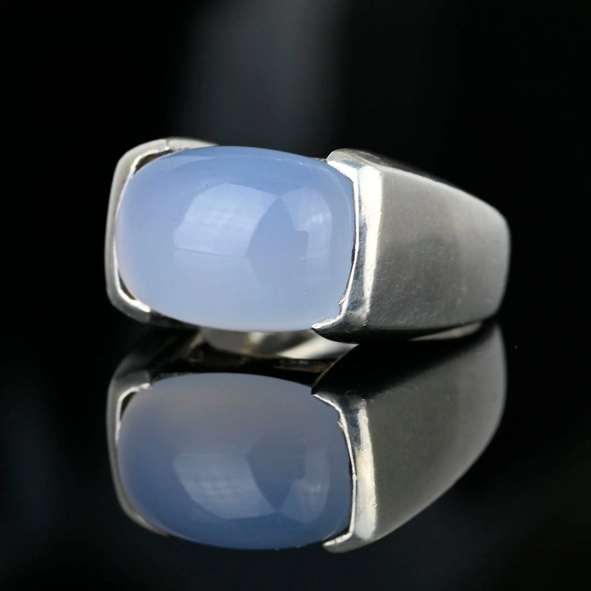 Silver East West Pale Blue Chalcedony Signet Ring