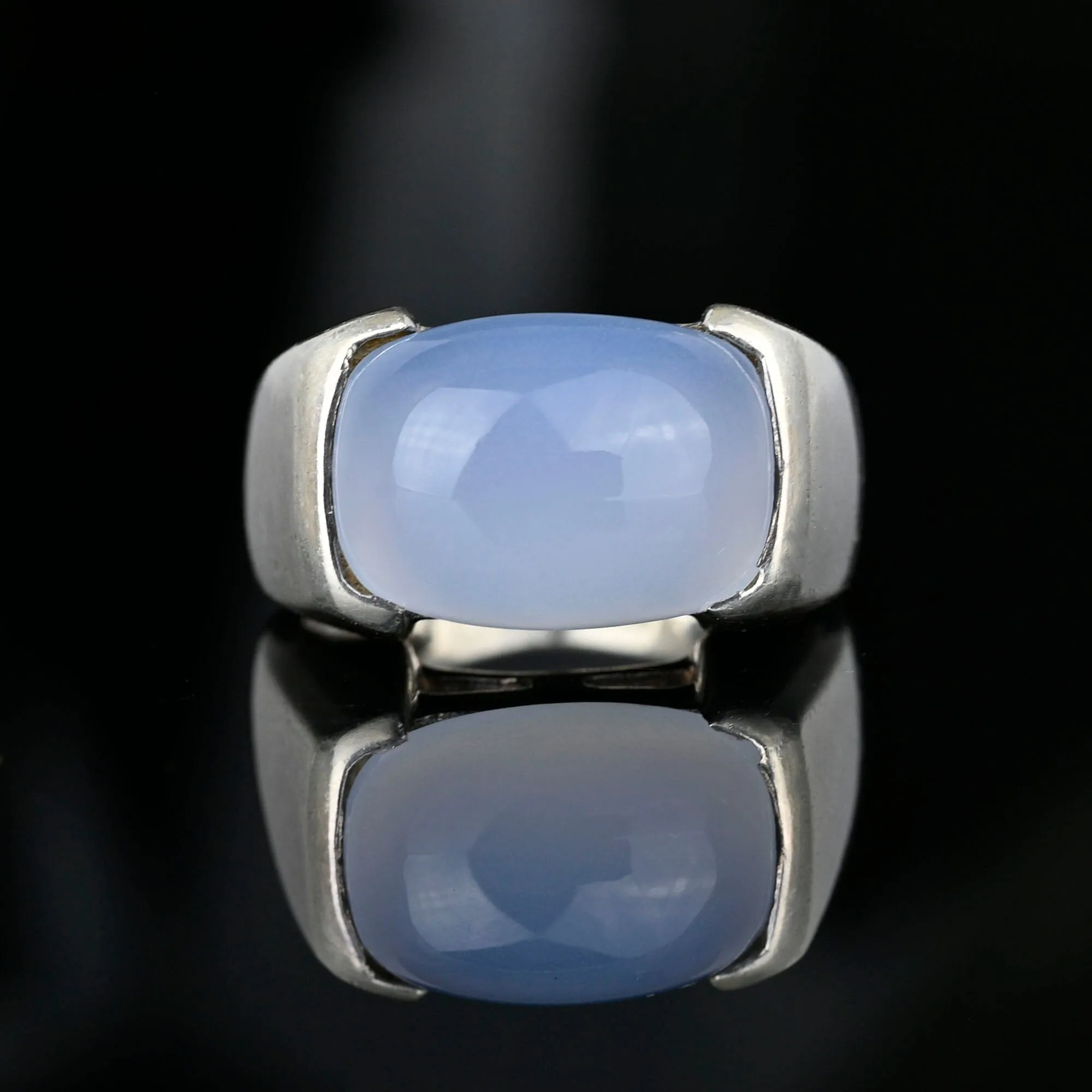 Silver East West Pale Blue Chalcedony Signet Ring