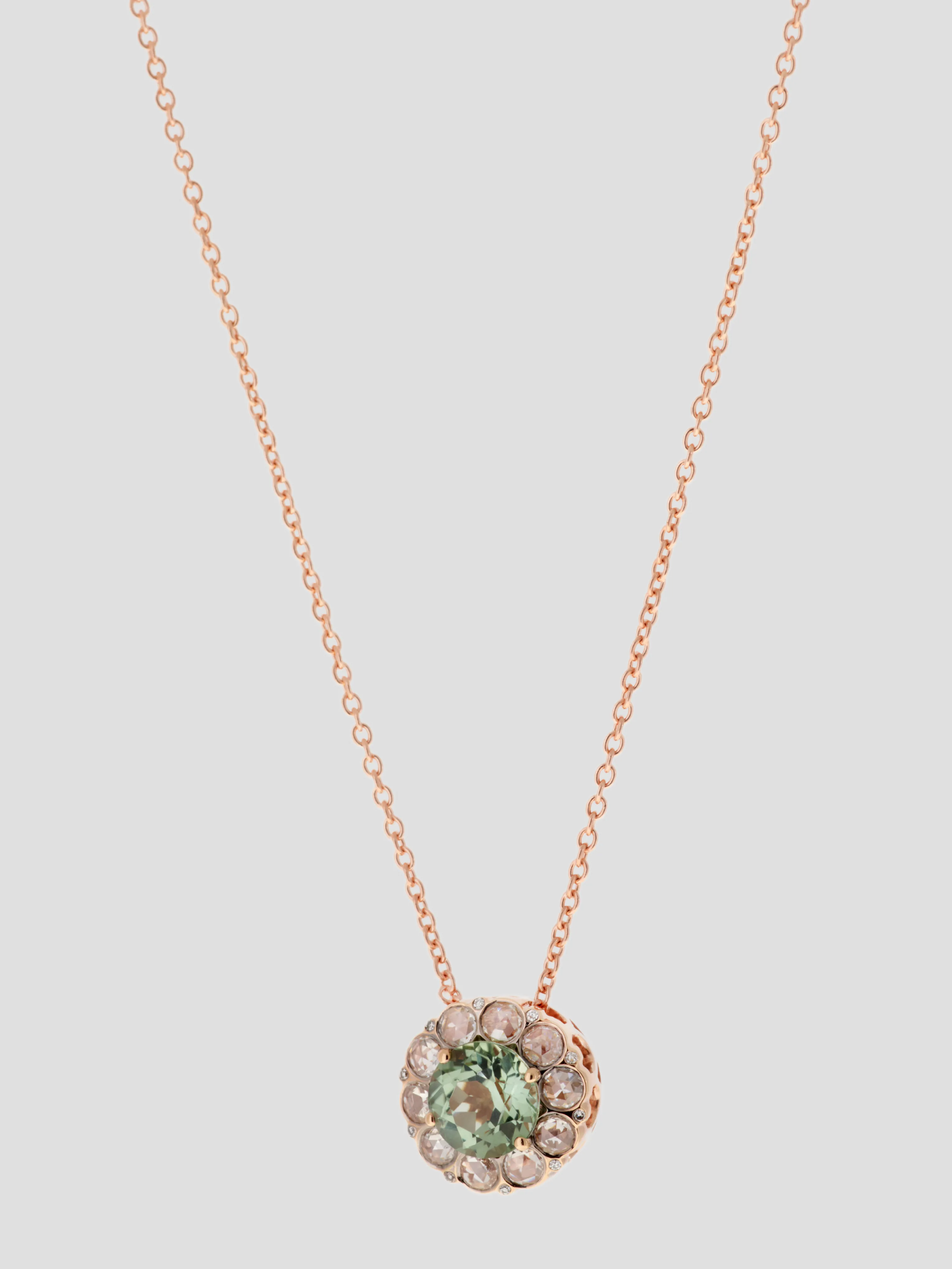 Stone Halo Necklace in Pink Gold/Diamond/Green Tourmaline