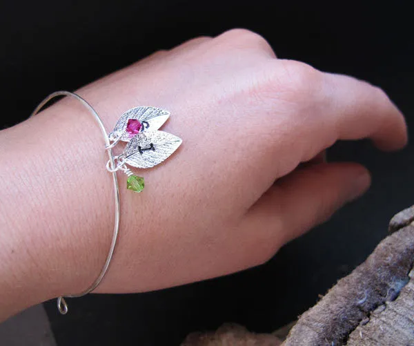 Two Initials Leaf Charms Birthstone Bracelet