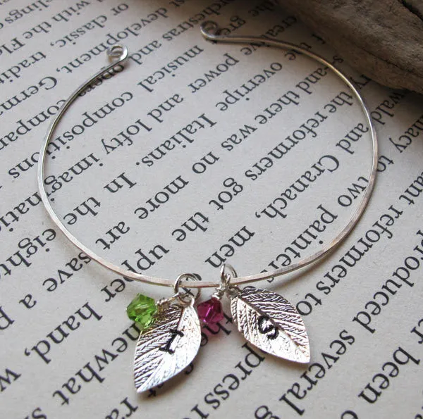 Two Initials Leaf Charms Birthstone Bracelet