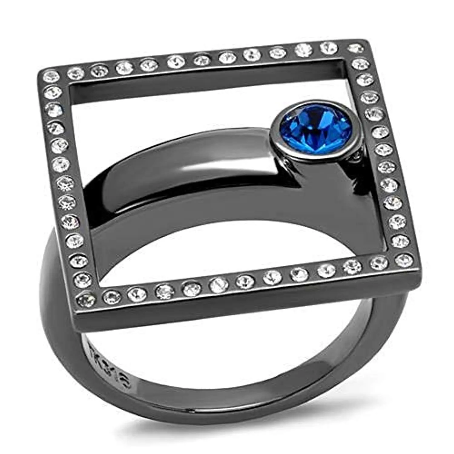 WildKlass Stainless Steel Ring IP Light Black (IP Gun) Women Top Grade Crystal Capri Blue