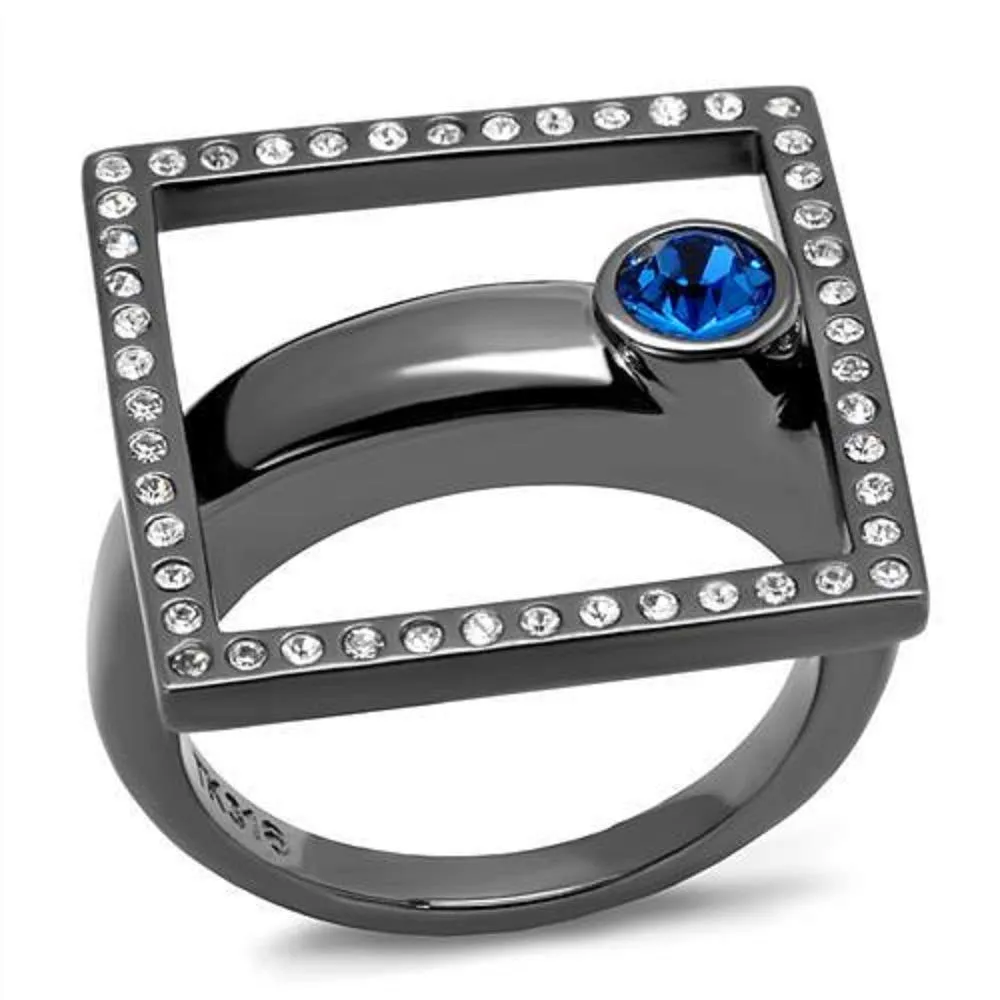 WildKlass Stainless Steel Ring IP Light Black (IP Gun) Women Top Grade Crystal Capri Blue